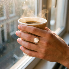 Hand met zilveren Regulis zegelring om een koffiebeker in het ochtendlicht